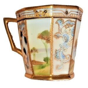 Antique Nippon Hand Painted Porcelain Chocolate Cups Marked Gold Gilt Blue